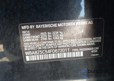 2015 BMW 328I Gran Turismo xDrive из США, поврежденный, VIN WBA8Z5C54FD672011